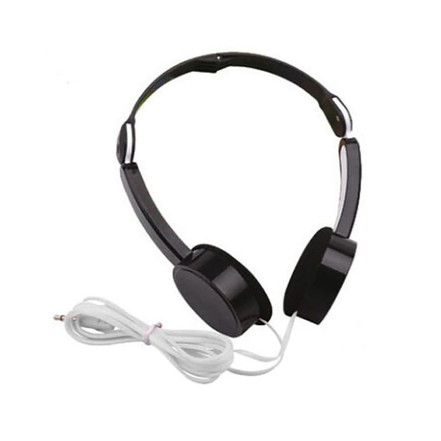 A pair of black foldable headphones with a white audio cable, featuring a minimalist design and a logo.