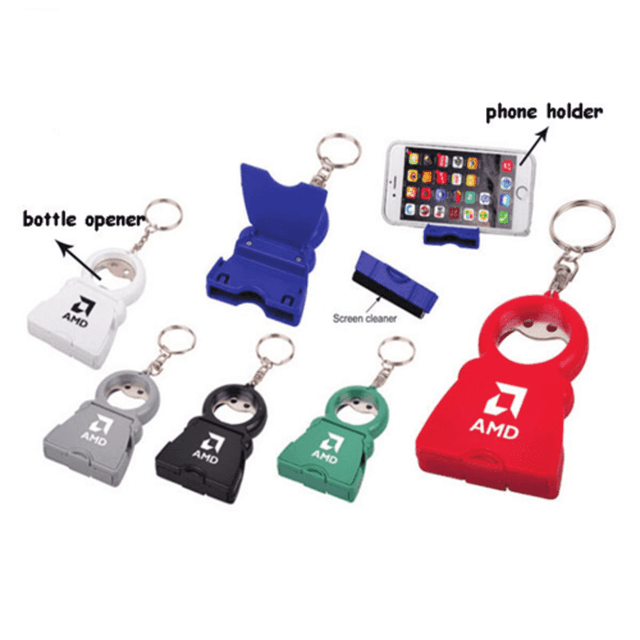 A range of small, multi-coloured mobile holders with bottle openers and screen cleaners, featuring a logo.