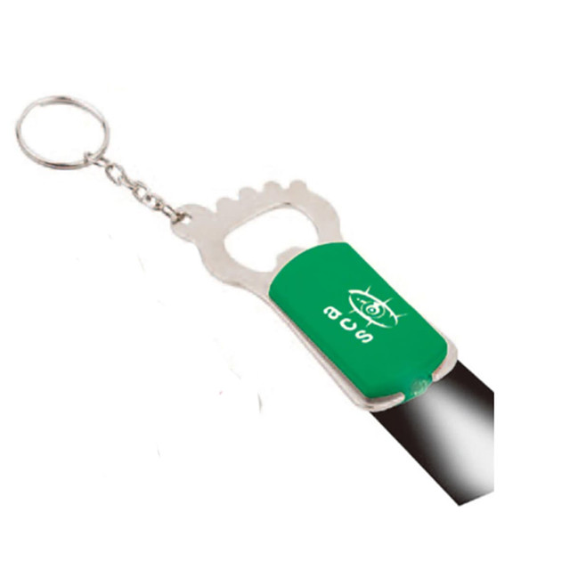 A drink bottle opener with a green handle and a keyring attachment, featuring a logo on the side.