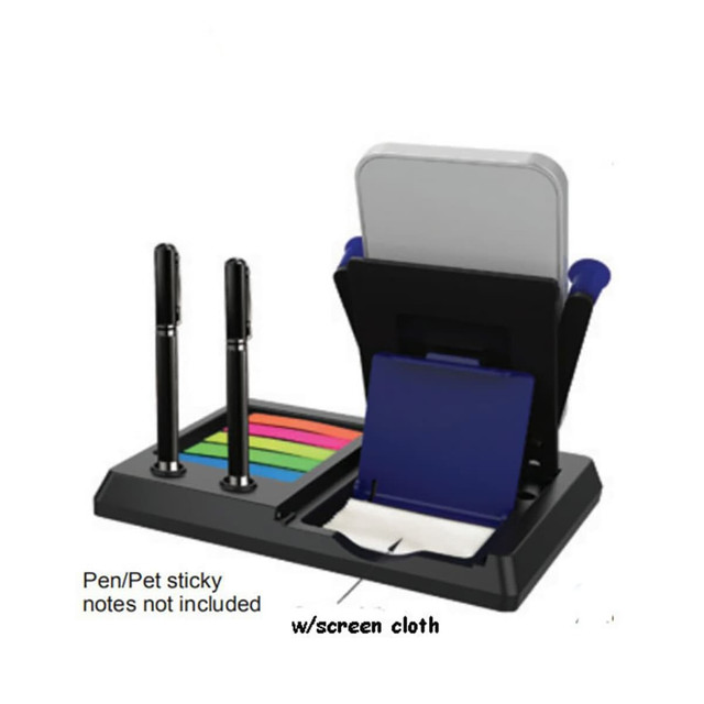 A black mobile stand with a screen cloth, featuring compartments for two pens and sticky notes in various colours.