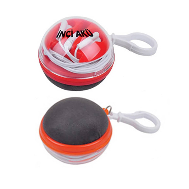 Earbuds in a circular case with a red and black design, featuring a white cord and a clip for attachment.
