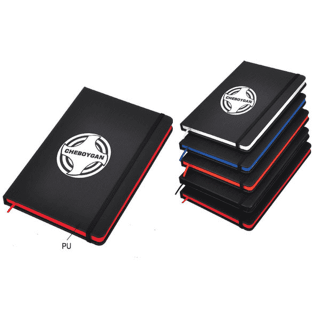 A set of notebooks in black, blue, and red, featuring a logo on the front cover. Each notebook has a contrasting edge.