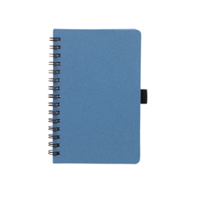 A6 recycled wheat straw notebook in blue with a black spiral binding and a black elastic band closure.