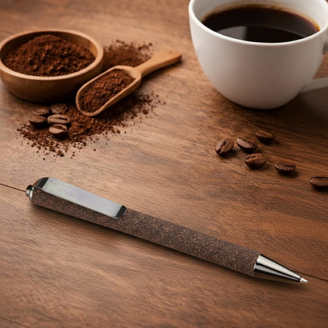 A brown pen with a metallic tip positioned on a wooden surface, surrounded by coffee grounds, beans, and a cup of coffee.