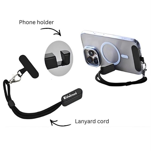 A phone holder lanyard in black, featuring a cord attachment for secure carrying and a logo on the holder.