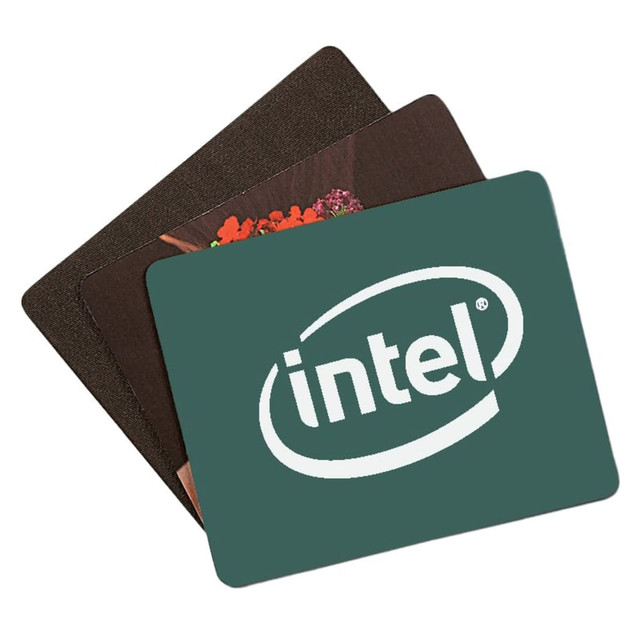 Three fabric mouse mats in various designs and colours, featuring a logo on one of them.