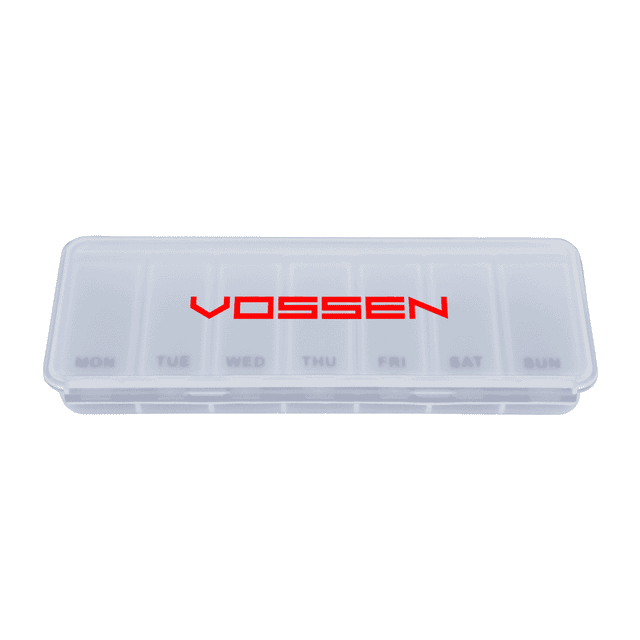 A transparent weekly pill box with compartments for each day, featuring a red logo.