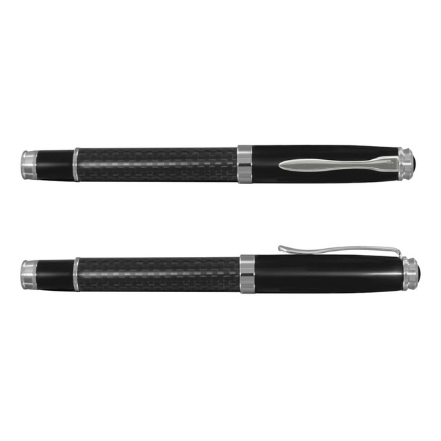 A sleek black rolling ball pen with a carbon fibre grip and chrome accents, featuring a polished clip and branding.