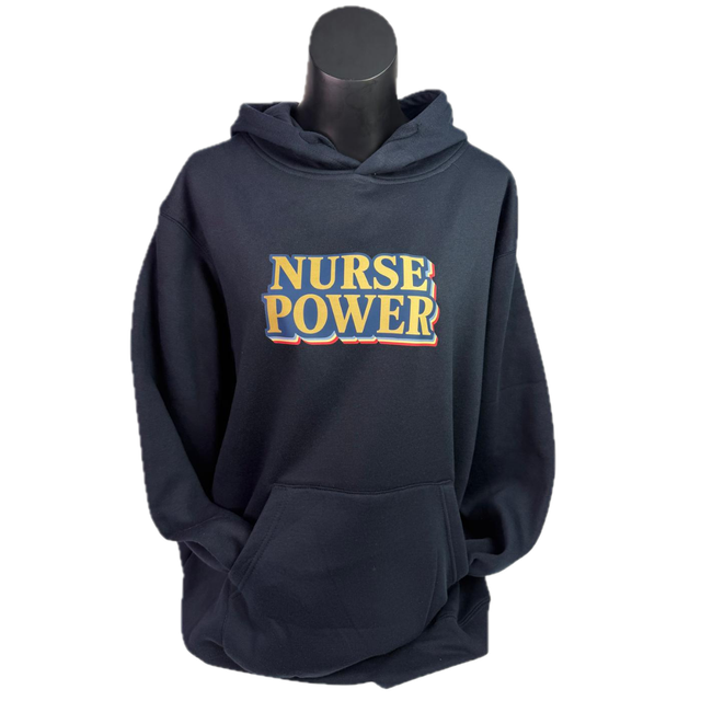 Image of a navy hoodie with Nurse Power printed on the front.