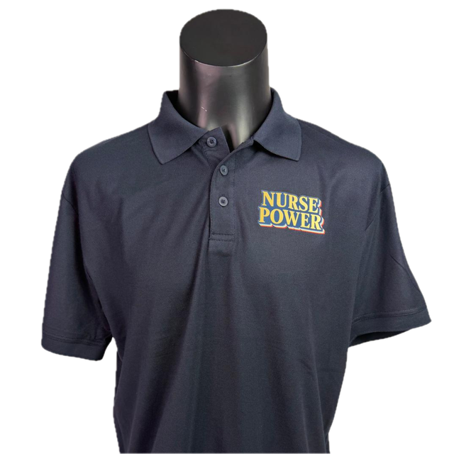 Image of a navy polo with Nurse Power printed on the front.