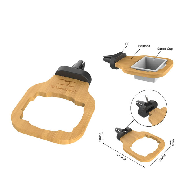 A bamboo sauce holder with a grey sauce cup, featuring a branding logo and various measurements labelled.