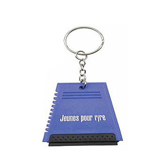 A blue ice scraper with a key ring attachment, featuring a serrated edge and a rubber grip.