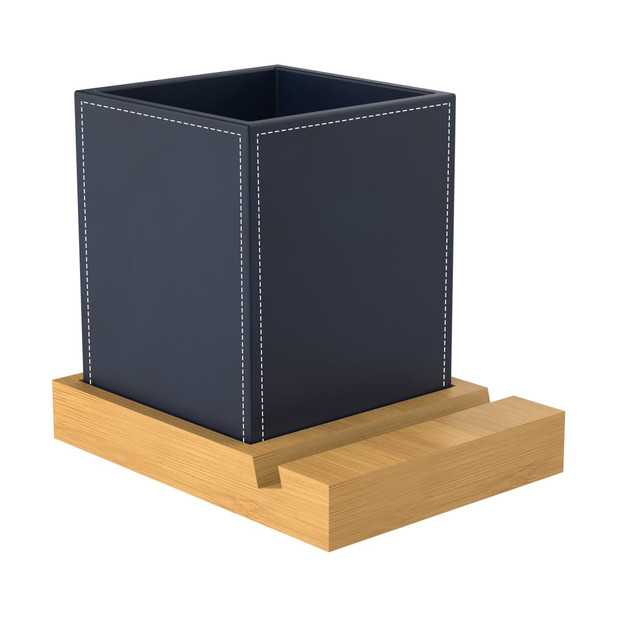 A navy blue square pen holder with a wooden base, featuring decorative stitching and a minimalist design.