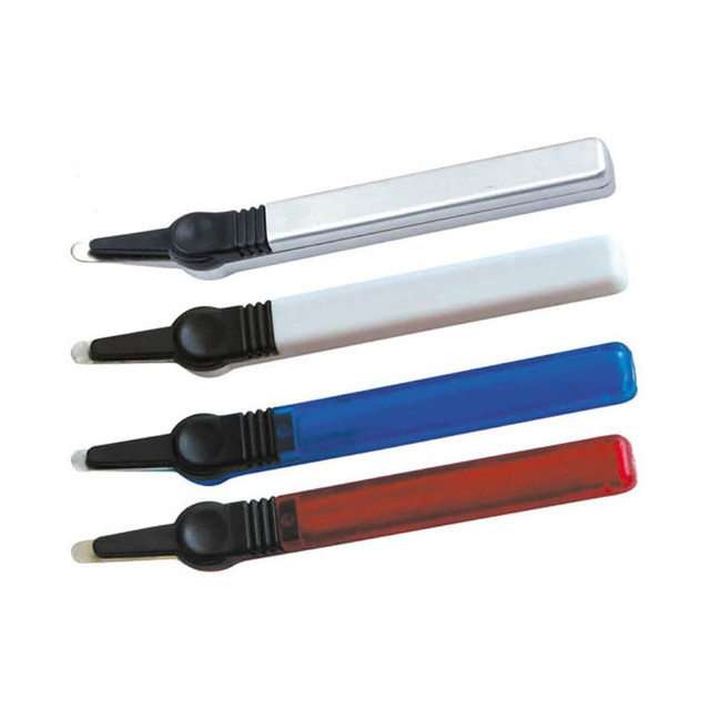 A set of staple removers in silver, white, blue, and red, featuring black handles and a small logo.