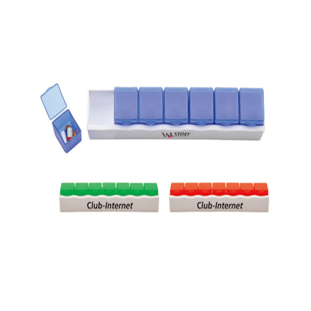 A pill box with multiple compartments in blue, red, and green, featuring a logo on the side.