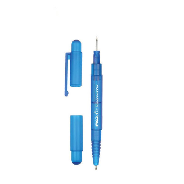 A blue ballpoint pen with a cap and clip, featuring a logo. The pen has a retractable design.