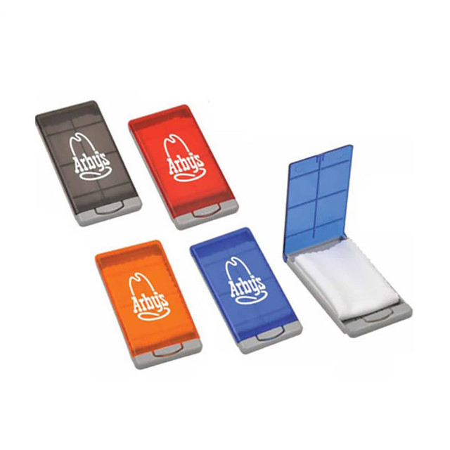 A set of five glasses cleaners featuring various colours: grey, red, and blue, with each having a logo.