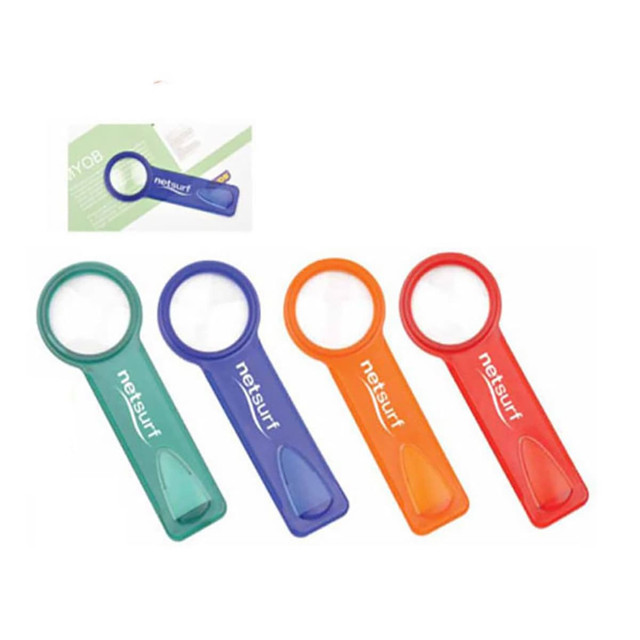 A set of four magnifying bookmarks in green, blue, orange, and red with a logo on each.