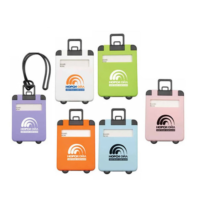 A set of luggage tags in various colours including purple, green, pink, and blue, featuring logos.