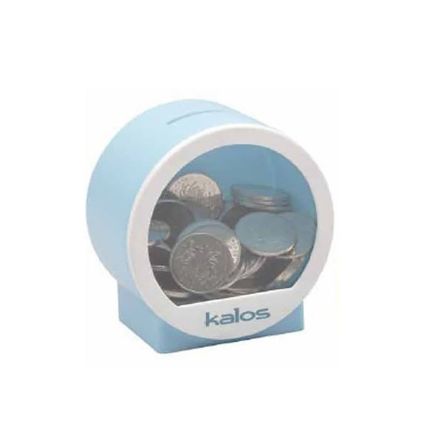 A light blue coin bank with a transparent front, displaying several coins inside and featuring a logo on the base.