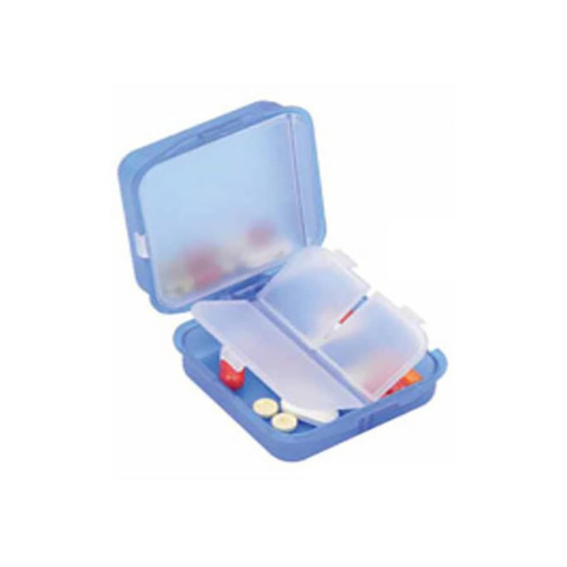A blue pill box with multiple compartments, partially opened, containing various tablets inside.