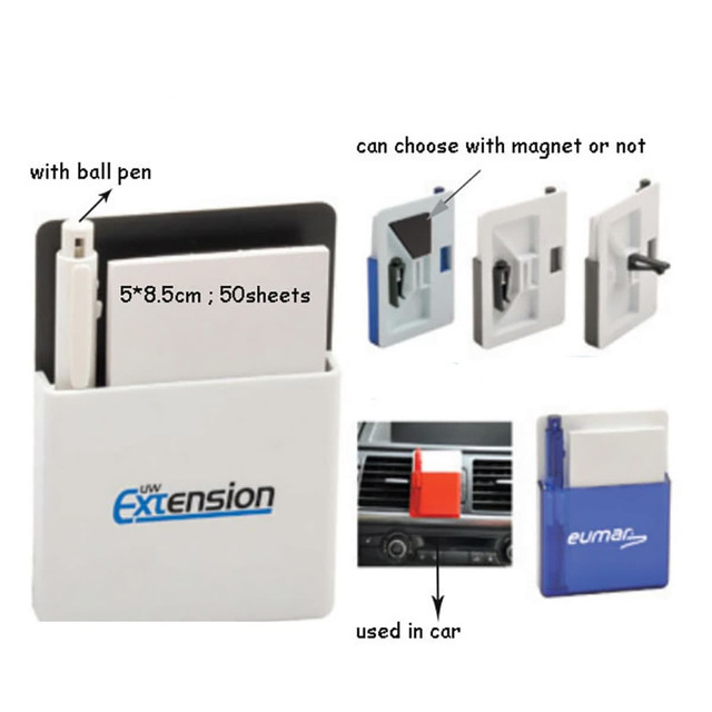 A car memo holder with a ball pen, featuring a white body and options for magnetic or non-magnetic backing.