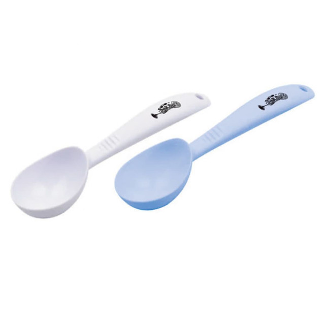 Two ice cream scoops in white and light blue, both with a whimsical design on the handles and a logo present.