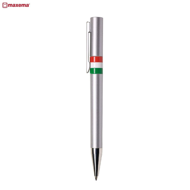 A silver metal pen featuring a green and red striped design and a clip. It also has a branding logo.