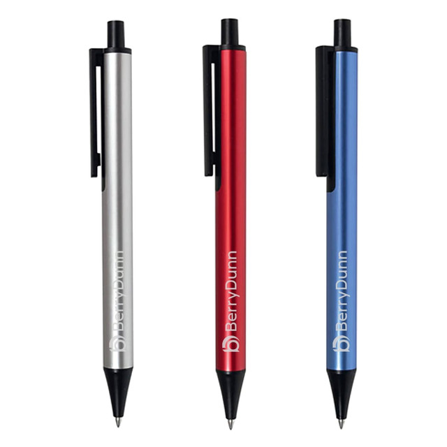 Three metal pens in silver, red, and blue, featuring a clip and branded logo.