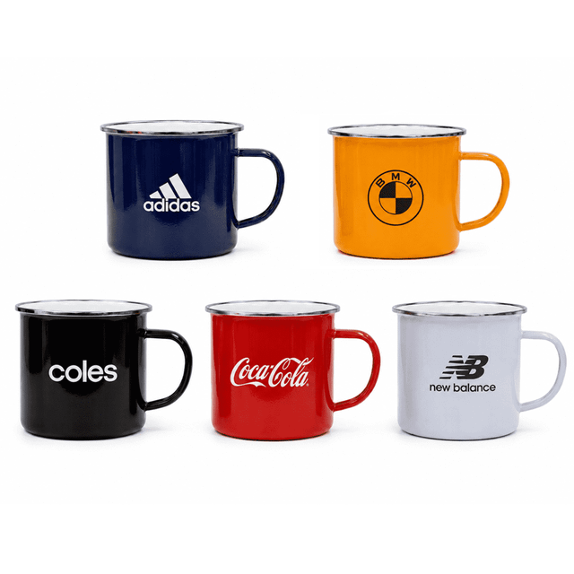 A set of five mugs in navy, orange, black, red, and white, featuring various logos.