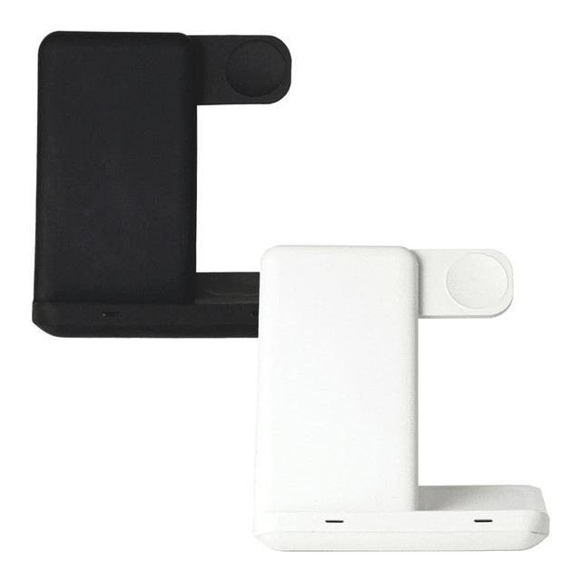 A wireless charger in black and white, featuring multiple charging surfaces and a sleek design.
