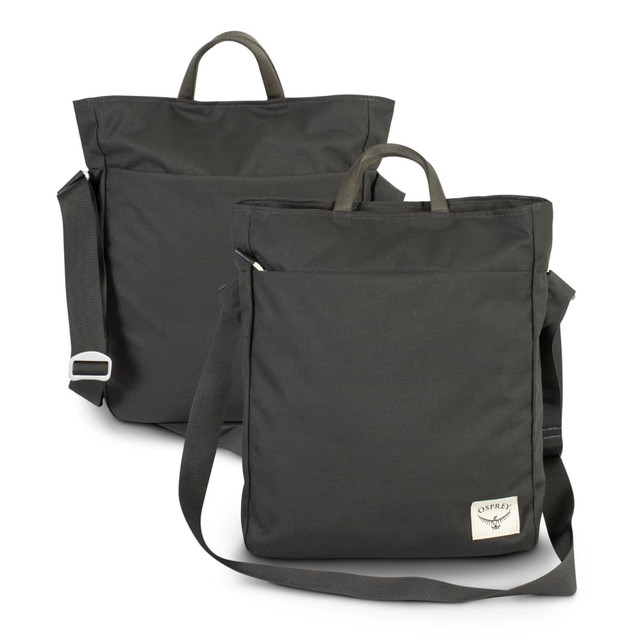 A dark green crossbody bag with a top handle and adjustable strap, featuring a branding logo.