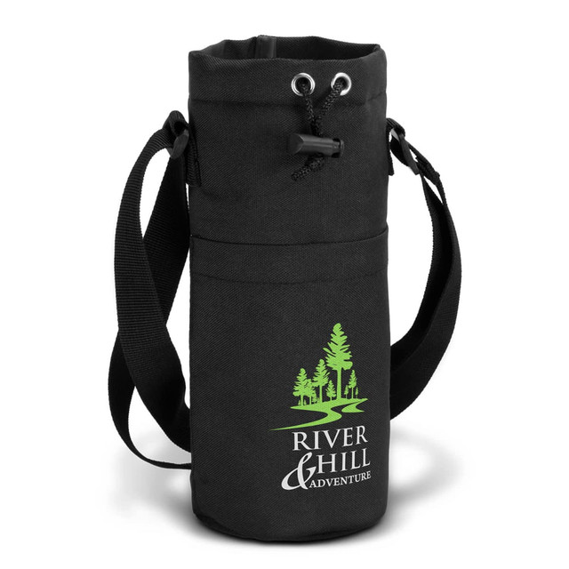 A drink bottle sling bag in black with a green logo and adjustable strap, featuring a drawstring closure. A drink bottle sling bag in black with a green logo and adjustable strap, featuring a drawstring closure.