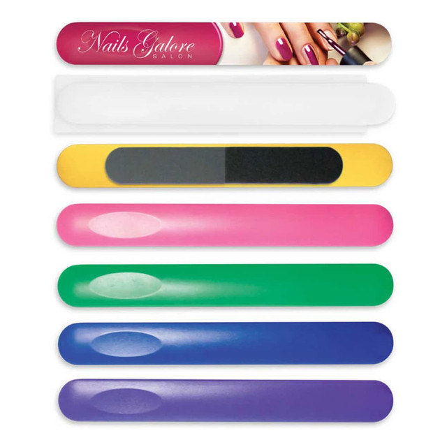 A set of nail files in various colours, including white, yellow, pink, green, blue, and purple, with a logo on one file. A set of nail files in various colours, including white, yellow, pink, green, blue, and purple, with a logo on one file.
