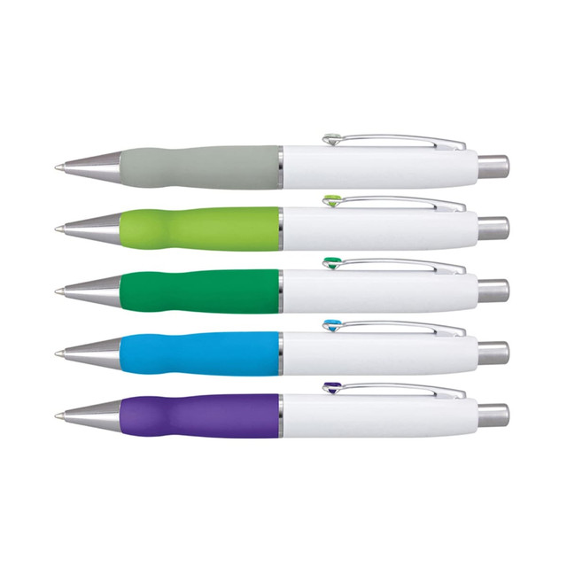 A collection of Turbo Pens featuring white barrels and coloured grips in grey, green, teal, blue, and purple.