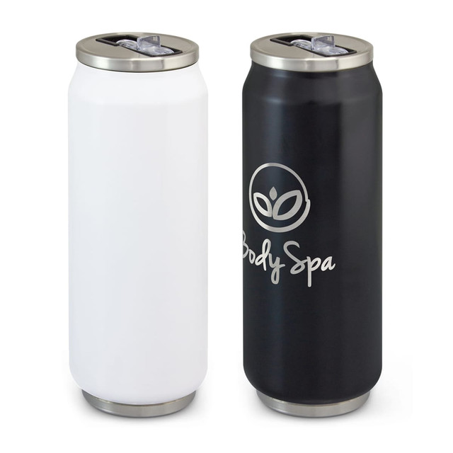 A drink bottle set featuring a white and a black canister vacuum bottle with silver lids and branding. A drink bottle set featuring a white and a black canister vacuum bottle with silver lids and branding.