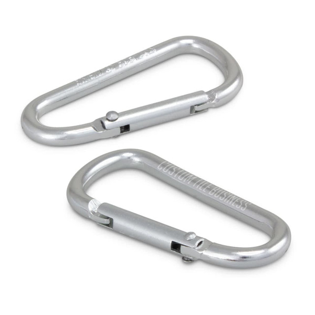 Two silver carabiners with a metal spring gate, featuring a logo on one side. Two silver carabiners with a metal spring gate, featuring a logo on one side.