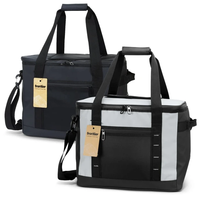A cooler bag in black and grey, featuring dual handles and a shoulder strap, with a logo and zippered pockets.