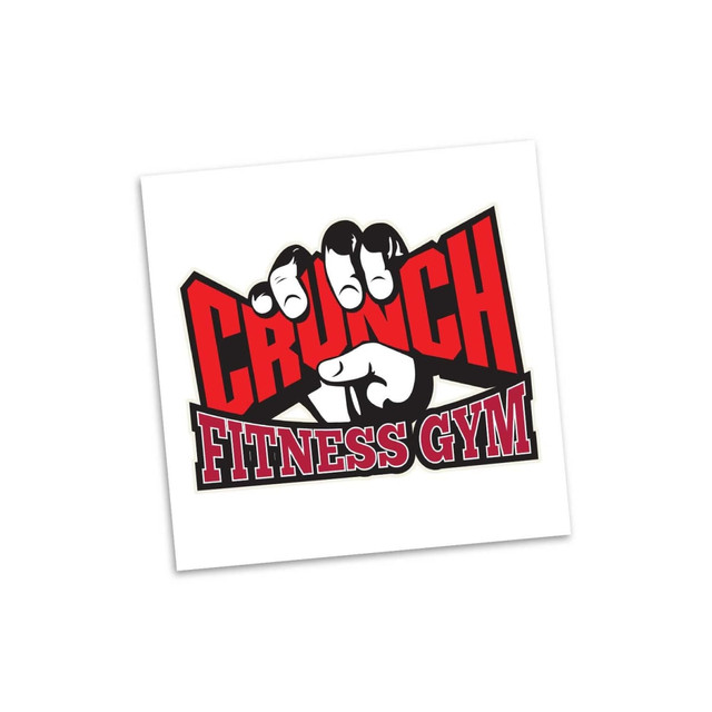 A square temporary tattoo featuring a red and black design with a fist gripping the word "CRUNCH" above "FITNESS GYM". A square temporary tattoo featuring a red and black design with a fist gripping the word "CRUNCH" above "FITNESS GYM".