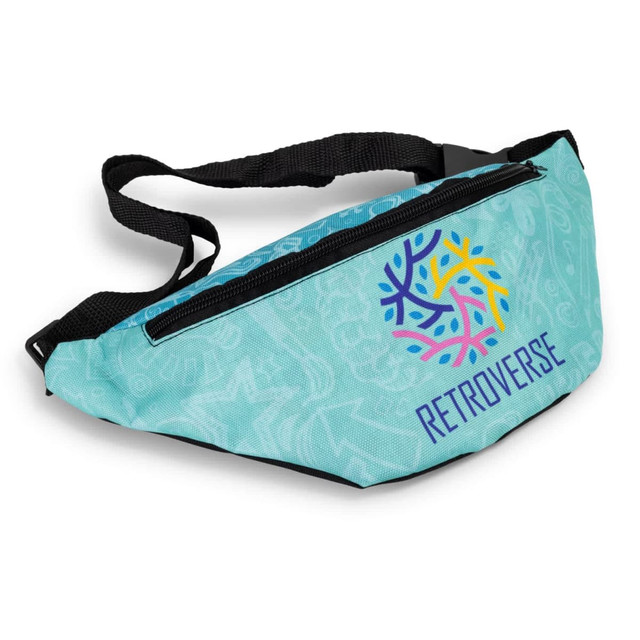 A teal belt bag with a vibrant multicoloured design and a black strap, featuring a logo.