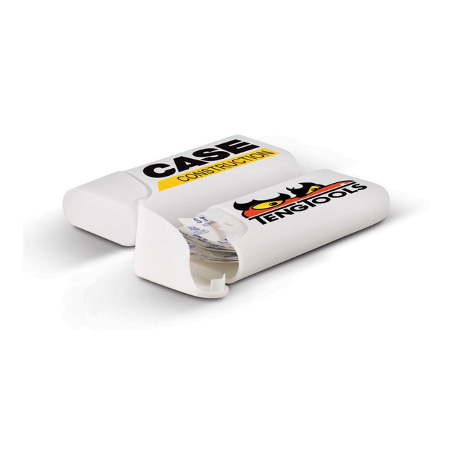 A white bandage box featuring a logo and an open design for easy access to contents. A white bandage box featuring a logo and an open design for easy access to contents.