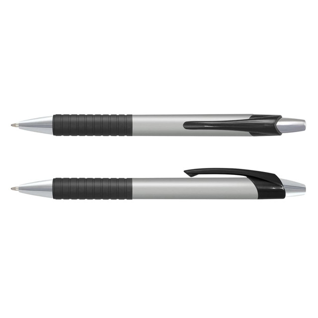 A grey pen with a coloured barrel and black grip, featuring a chrome clip and tip. The pen has a logo.