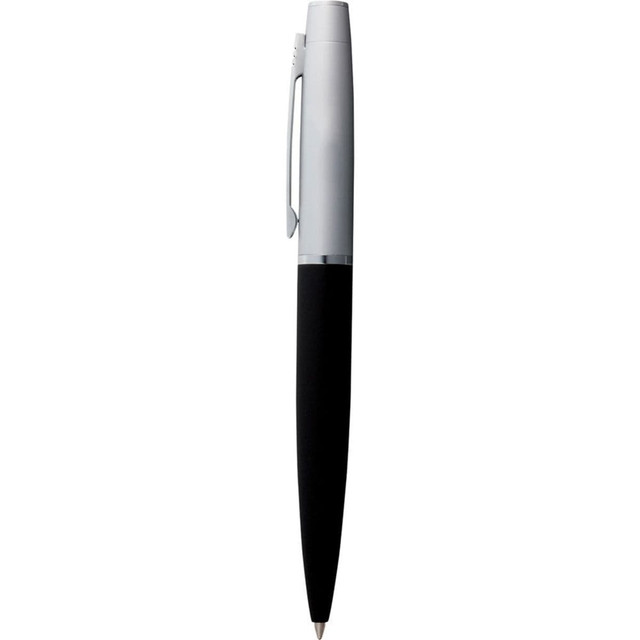 A metal ballpoint pen with a silver barrel and a black grip. The pen features a logo on the body. A metal ballpoint pen with a silver barrel and a black grip. The pen features a logo on the body.