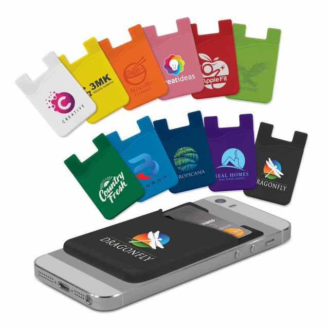 A collection of colourful silicone phone wallets displayed on a grey smartphone, featuring various logos. A collection of colourful silicone phone wallets displayed on a grey smartphone, featuring various logos.