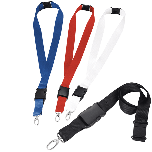 A selection of 25mm lanyards in blue, red, white, and black, featuring clips and a branded logo. A selection of 25mm lanyards in blue, red, white, and black, featuring clips and a branded logo.