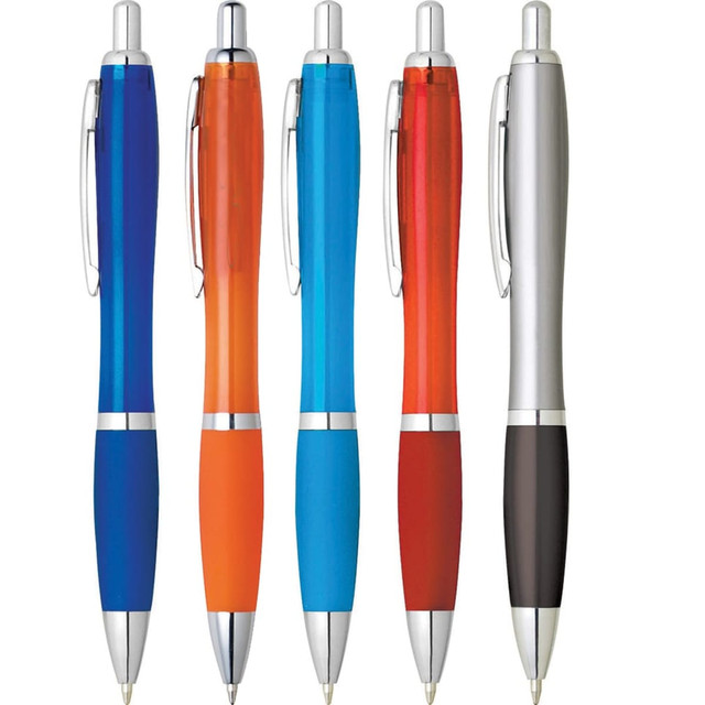 A collection of five plastic pens in blue, orange, turquoise, red, and silver, featuring a branding logo on each. A collection of five plastic pens in blue, orange, turquoise, red, and silver, featuring a branding logo on each.