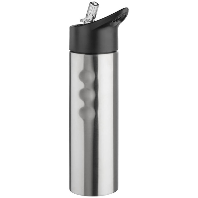 A stainless steel drink bottle with a black lid and a straw, featuring a smooth, shiny surface.