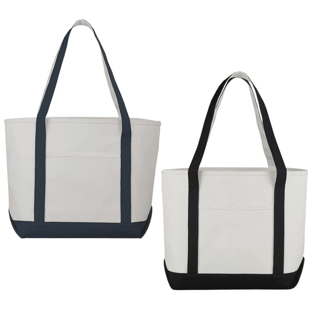 A white tote bag with navy or black accents and straps, featuring a front pocket and branding.
