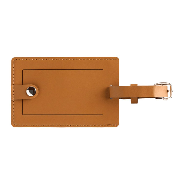 A brown bio leather luggage tag with a strap and a circular hole for attachment. It features a smooth, glossy finish.