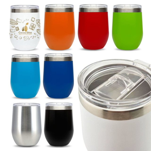 A collection of reusable coffee cups in various colours, including orange, red, green, blue, black, and silver. Each cup features a stainless steel lid.